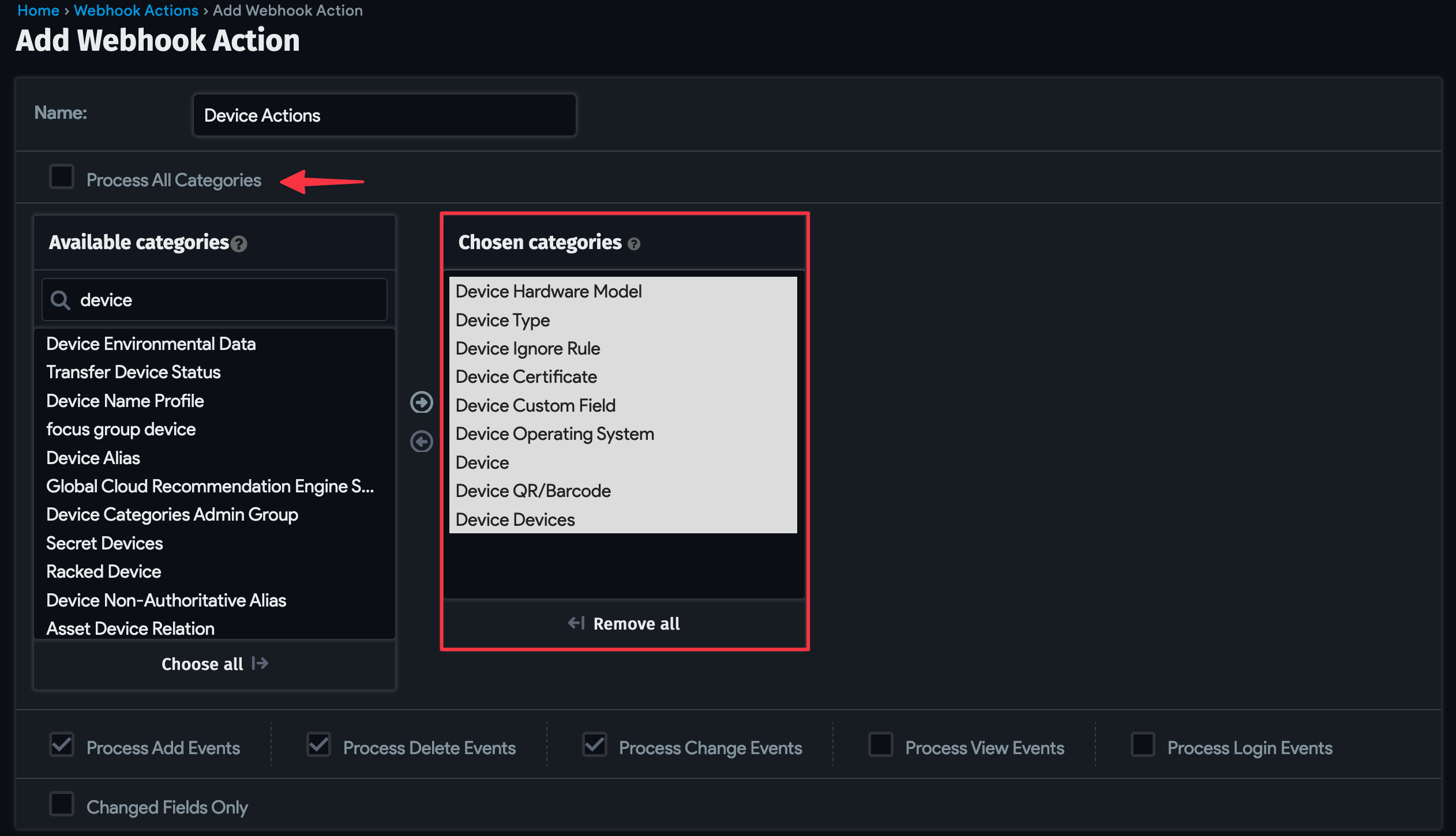 Webhook action categories