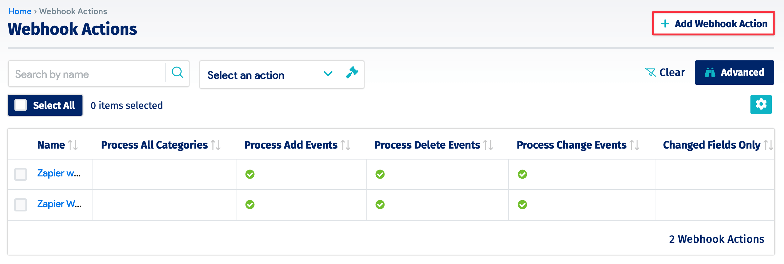 Webhook actions list page
